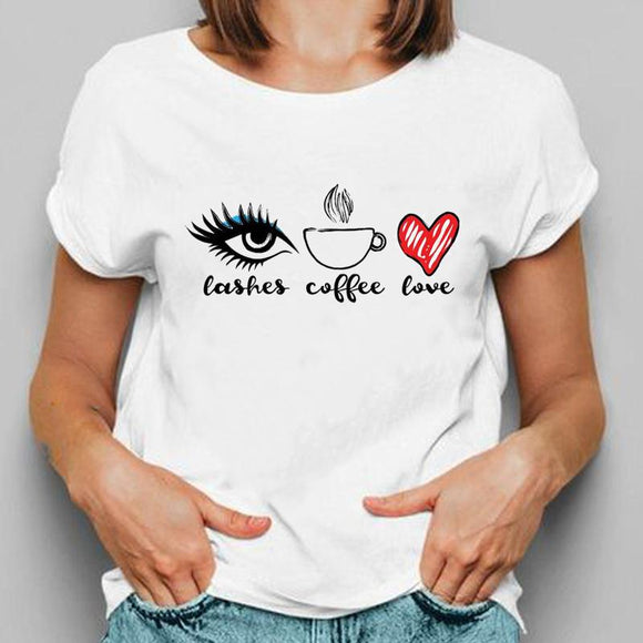 Women Tee Lashes Make Up Cute Love Fashion T Shirt Female Cartoon Short Sleeve Ladies Graphic T-shirt O-neck Print Top Clothing