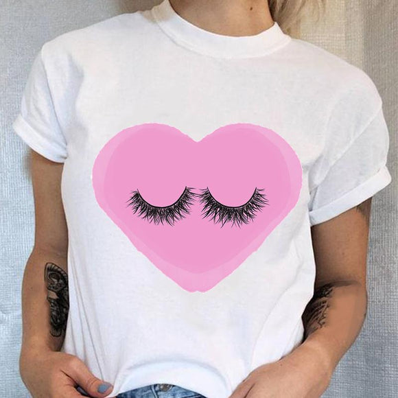 Women Love Heart Tee Fashion Eye Lashes T-shirt Lady Graphic Top Female T Shirt Cartoon Regular Print Short Sleeve Clothing