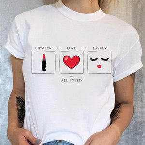 Women Love Heart Tee Fashion Eye Lashes T-shirt Lady Graphic Top Female T Shirt Cartoon Regular Print Short Sleeve Clothing