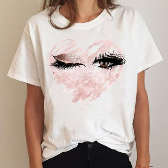 Clothing Love Heart Eye Lashes Summer Tee Graphic T Shirt Fashion Ladies Women Short Sleeve Clothes Cartoon T-shirt Female Top